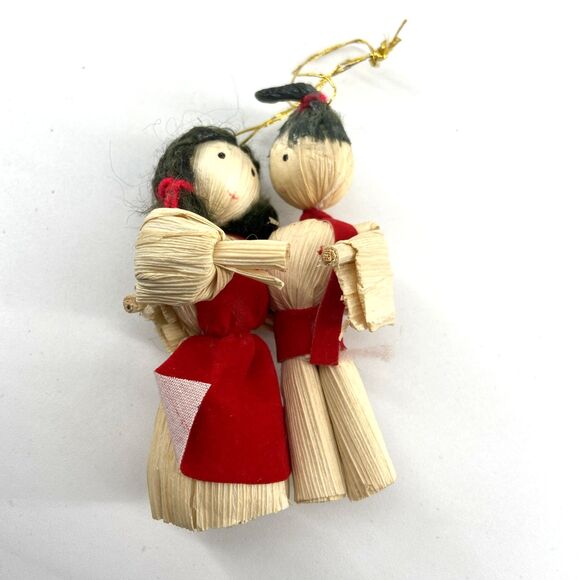 Lot of 4  Vtg Retro Christmas Tree Ornaments 3" Corn Husk Country Girls Cottage - Picture 3 of 7
